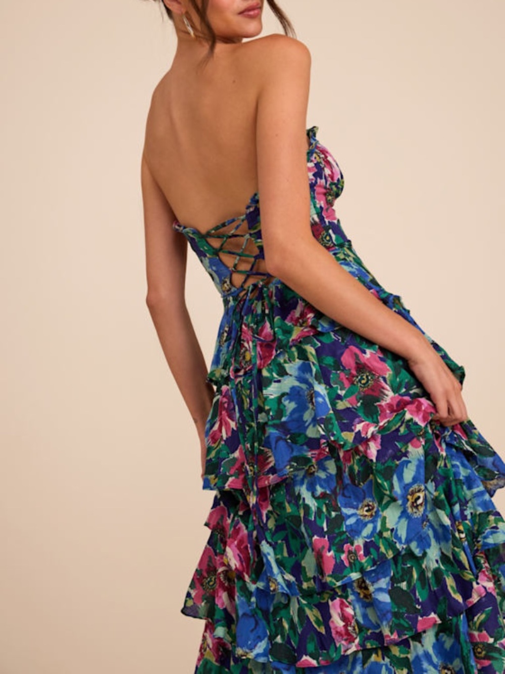 NWT Lulus Nayha Blue Multi Floral Strapless Tiered Midi Dress - Size L